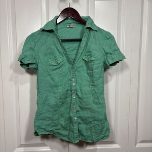 Guess Women S Linen Button Up Shirt Puff Sleeve Y2K Utility Coastal Cowgirl